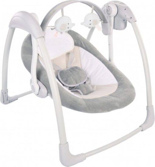 Bo Jungle - Schommelstoel - Swing Baby - Tot max. 9 kg - Inclusief Speelboog - Verstelbaar - Zachte stof - Muziek vibratie functies en natuurgeluiden - Timerfunctie - Netstroom kabel of batterijen - Plooibaar - Portable Swing Dolphy Grijs