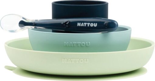 Nattou Siliconen 4-delig Servies voor Kinderen - Bord + Kom + Beker + Lepel - Antislip - BPA-vrij - Groen / Blauw