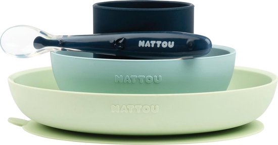 Nattou Siliconen 4-delig Servies voor Kinderen - Bord + Kom + Beker + Lepel - Antislip - BPA-vrij - Groen / Blauw