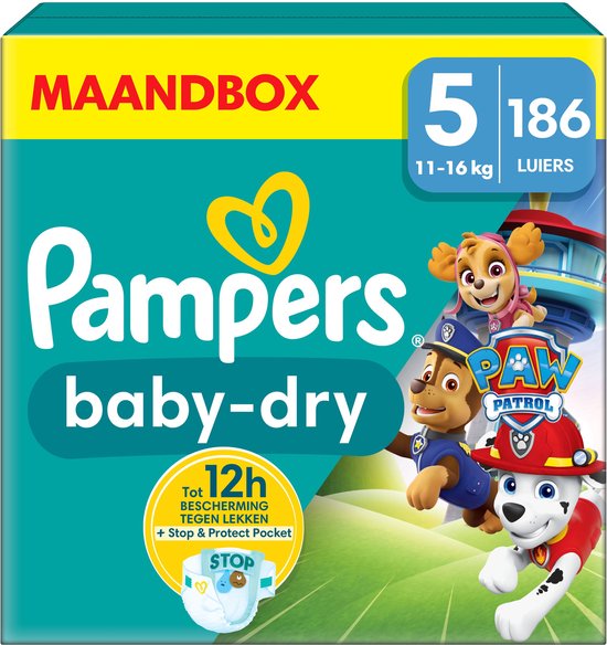 Pampers Baby-Dry - Paw Patrol-editie - Maat 5 (11kg-16kg) - 186 Luiers - Maandbox