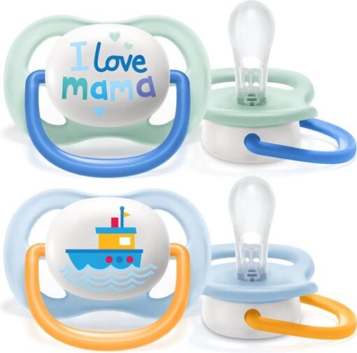 Philips Avent Ultra Air Fopspeen - 0 tot 6 Maanden - 2 Speentjes - Groen/Lichtblauw I Love Mama/Boot - SCF080/01