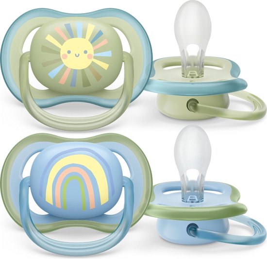 Philips Avent Ultra Air Fopspeen - 0 tot 6 Maanden - 2 Speentjes - Groen/Blauw Zon/Regenboog - SCF085/58