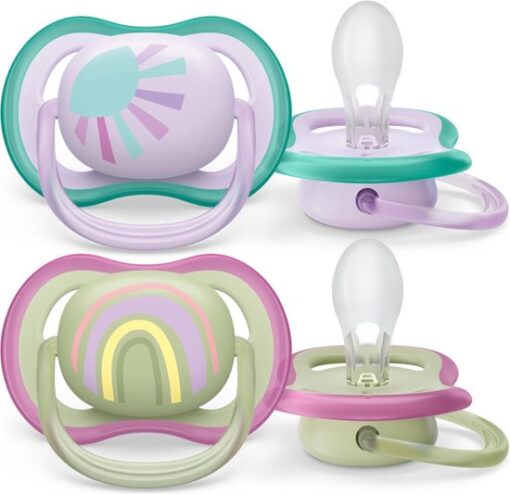 Philips Avent Ultra Air Fopspeen - 0 tot 6 Maanden - 2 Speentjes - Paars/Groen Zon/Regenboog - SCF085/59