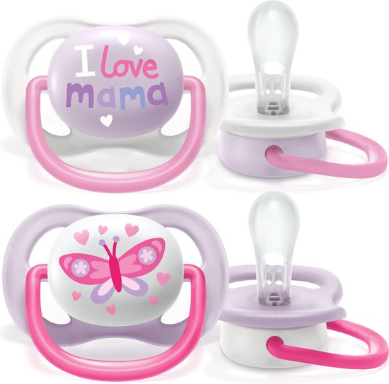 Philips Avent Ultra Air Fopspeen - 0 tot 6 Maanden - 2 Speentjes - Wit/Paars I Love Mama/Vlinder - SCF080/02