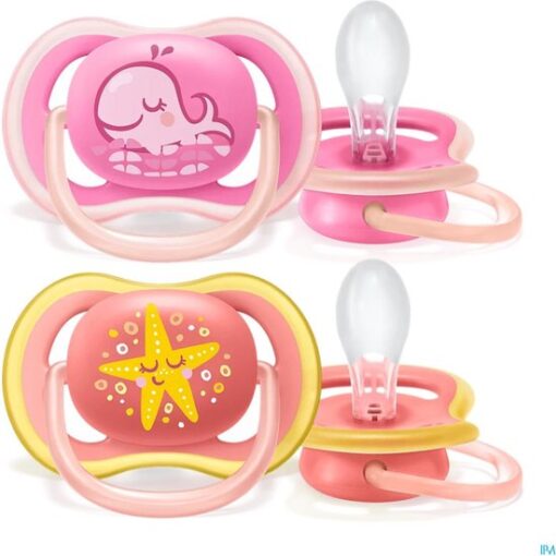 Philips Avent Ultra Air Fopspeen - 6 tot 18 Maanden - 2 Speentjes - Roze/Oranje Walvis/Zeester - SCF085/04