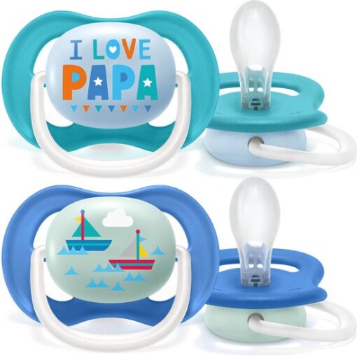 Philips Avent Ultra Air Fopspeen - 6 tot 18 Maanden - 2 Speentjes - Blauw/Donkerblauw I Love Papa/Zeilboot - SCF080/03