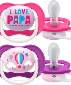 Philips Avent Ultra Air Fopspeen - 6 tot 18 Maanden - 2 Speentjes - Roze/Paars I Love Papa/Luchtballon - SCF080/04