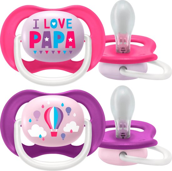 Philips Avent Ultra Air Fopspeen - 6 tot 18 Maanden - 2 Speentjes - Roze/Paars I Love Papa/Luchtballon - SCF080/04