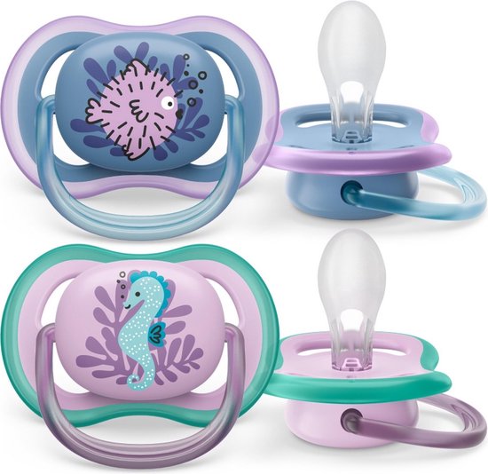 Philips Avent Ultra Air Fopspeen - 6 tot 18 Maanden - 2 Speentjes - Blauw/Roze Vis/Zeepaard - SCF085/61