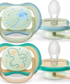 Philips Avent Ultra Air Nighttime Glow in the Dark Fopspeen - 0 tot 6 Maanden - 2 Speentjes - Groen/Oranje Ster/Uil - SCF376/18