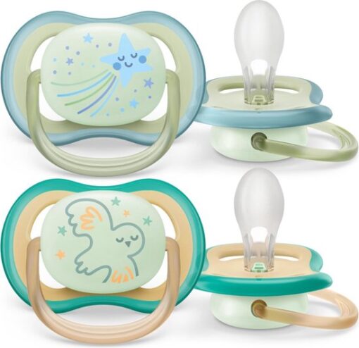 Philips Avent Ultra Air Nighttime Glow in the Dark Fopspeen - 0 tot 6 Maanden - 2 Speentjes - Groen/Oranje Ster/Uil - SCF376/18