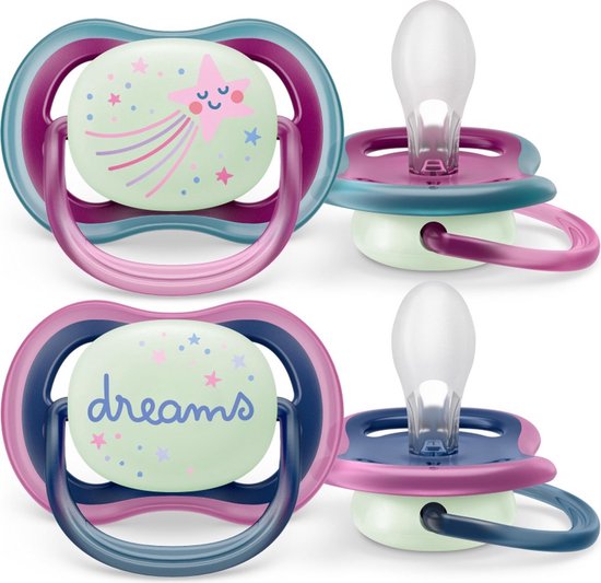 Philips Avent Ultra Air Nighttime Glow in the Dark Fopspeen - 6 tot 18 Maanden - 2 Speentjes - Paars/Donkerblauw Ster/Dreams - SCF376/14