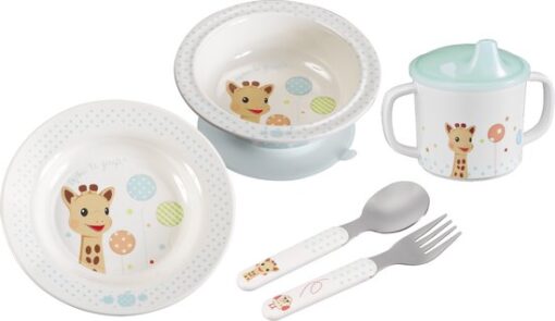 Sophie de giraf Maaltijdset - Kinder servies - Kinderbord - Drinkbeker - Kom - Kinder bestek - Vaatwasser bestendig - Vanaf 6 maanden - 5-Delig - Beige/Blauw