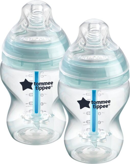 Tommee Tippee Anti-Colic zuigflessen, tepelspeen met langzame uitstroomsnelheid en uniek anti-koliek ontluchtingssysteem, 260 ml, verpakking van 2 stuks