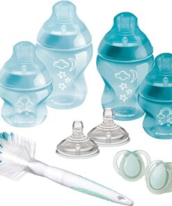 Tommee Tippee Closer to Nature flessen starterpakket voor pasgeboren baby's, tepelspenen met anti-koliek ventiel, gemengde maten, blauw