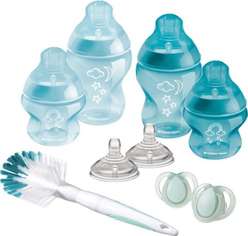 Tommee Tippee Closer to Nature flessen starterpakket voor pasgeboren baby's, tepelspenen met anti-koliek ventiel, gemengde maten, blauw