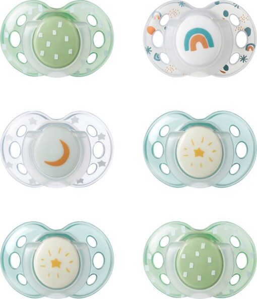 Tommee Tippee Night Time Soothers, Symmetrical Orthodontic Design, BPA-Free Silicone Baglet, 18-36m, Pack of 6