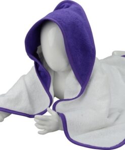 ARTG® Babiezz - Babycape - Baby Badcape - Kraamkado - 75 x 75 cm - Wit / Donker Paars Violet Capuchon en Rand - 100% Katoen - WHITE / PURPLE