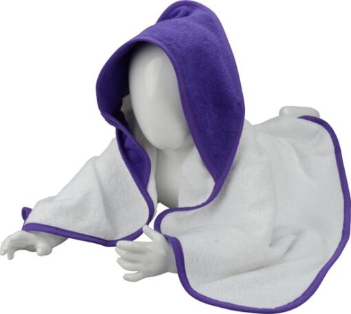 ARTG® Babiezz - Babycape - Baby Badcape - Kraamkado - 75 x 75 cm - Wit / Donker Paars Violet Capuchon en Rand - 100% Katoen - WHITE / PURPLE