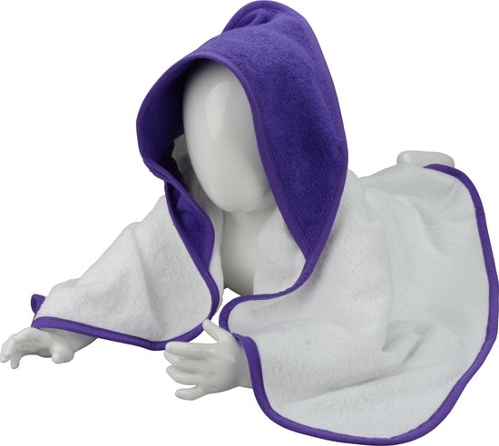 ARTG® Babiezz - Babycape - Baby Badcape - Kraamkado - 75 x 75 cm -  Wit / Donker Paars Violet Capuchon en Rand - 100% Katoen - WHITE / PURPLE