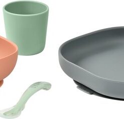 Béaba - Silicone maaltijdset - Kinderservies - 4-delig - Groen/terracotta/grijs