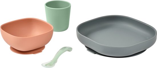 Béaba - Silicone maaltijdset - Kinderservies - 4-delig - Groen/terracotta/grijs