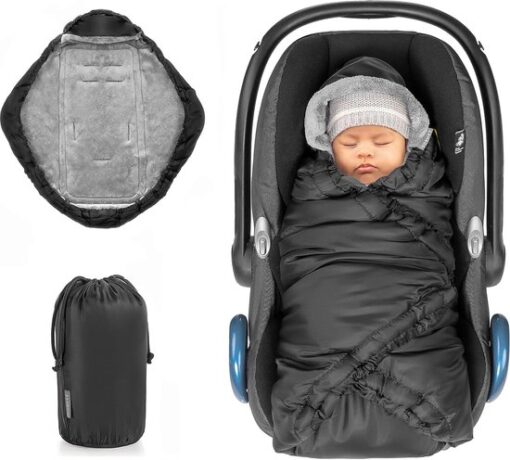 Baby Wikkeldeken voor Autostoel en Reiswieg - Handig alternatief voor de Voetenzak - Thermo Fleece Babydeken/Omslagdoek met Capuchon - Zwart (Basic)