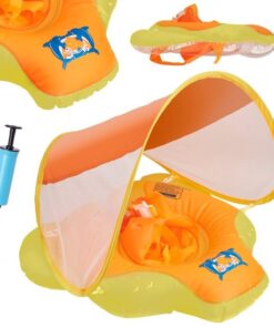 Baby Zwemband Geel Oranje 6-18 Maanden met Afneembare Overkapping en Pomp - Zwemring - Zwemzitje - Zwembandjes - Zwemhulp - Zwemtrainer - Baby Float - 0, 1 & 1,5 Jaar