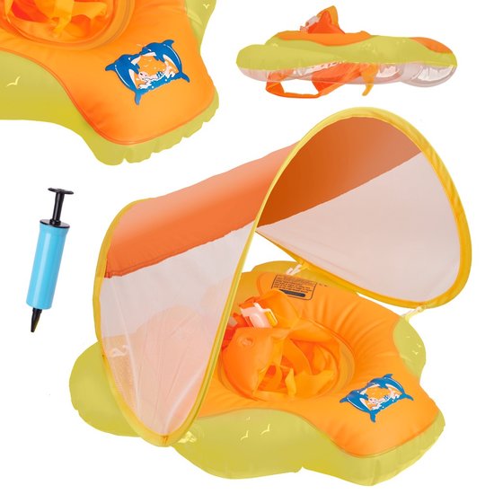 Baby Zwemband Geel Oranje 6-18 Maanden met Afneembare Overkapping en Pomp - Zwemring - Zwemzitje - Zwembandjes - Zwemhulp - Zwemtrainer - Baby Float - 0, 1 & 1,5 Jaar