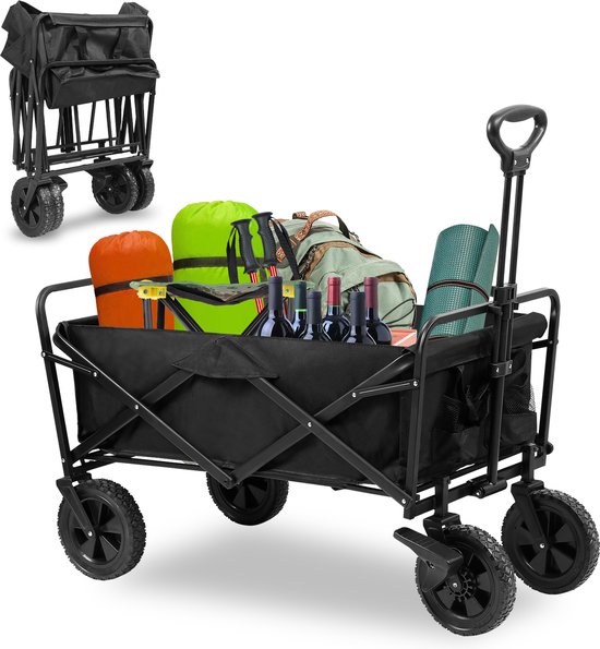 Bolderkar - Opvouwbaar - Bolderwagen - transportkar Kinderenvervoer Bolderkarren Tuinkar Kinderwagen met Duwstang Opvouwbare Draag Kar Bolder Wagen Strandkar Zwart