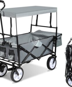 Bolderkar - Opvouwbaar - Bolderwagen - transportkar met dakje Kinderenvervoer Bolderkarren Tuinkar Kinderwagen met Duwstang Opvouwbare Draag Kar Bolder Wagen Strandkar Grijs