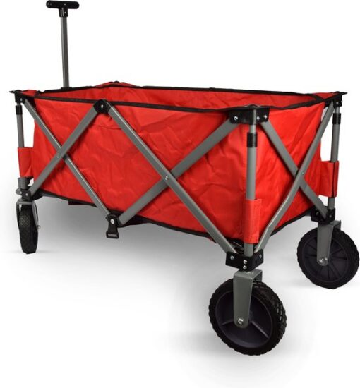 Bolderkar Opvouwbaar Met Duwstang | Tot 70 kg – 200L | Bolderwagon met Stevig Frame – Inclusief Afdekhoes | Rode Strandkar – 90cm x 49cm x 58cm