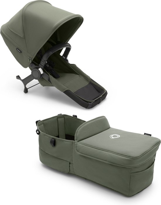 Bugaboo Donkey 5 Twin, complete uitbreidingsset, kindjes zitten naast elkaar, verbeterd design, omkeerbare stoel en sturen met één hand, Forest Green