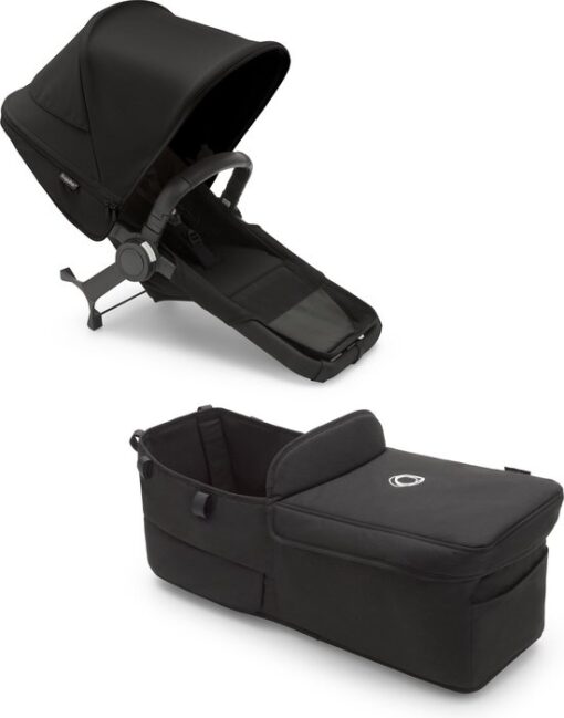 Bugaboo Donkey 5 Twin, complete uitbreidingsset, kindjes zitten naast elkaar, verbeterd design, omkeerbare stoel en sturen met één hand, Midnight Black