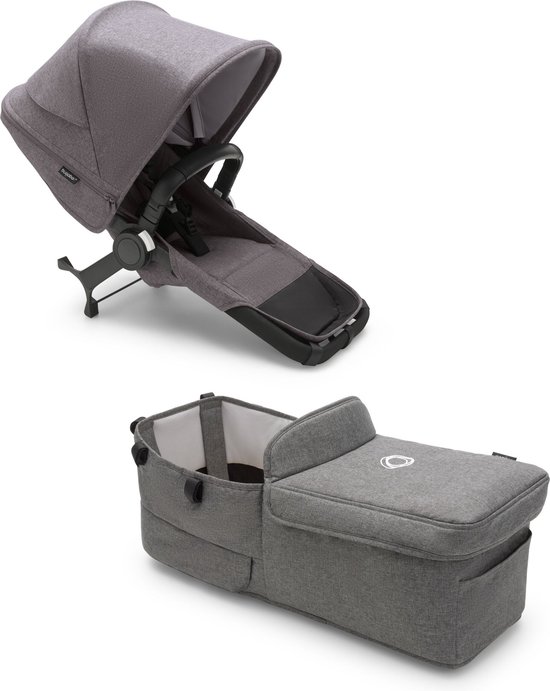 Bugaboo Donkey 5 Twin, complete uitbreidingsset, kindjes zitten naast elkaar, verbeterd design, omkeerbare stoel en sturen met één hand, Grey Melange