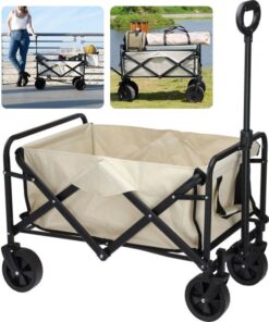 Cheqo® Bolderkar - Strandkar met Wielen - Bolderwagen - Opvouwbare Outdoor Transportkar voor Stranduitjes - Handige Strandwagen met Handvat - 73x51x92cm - Beige