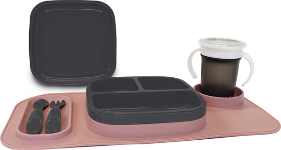 Deryan Quuby Set - Placemat - Plate Set - kinderservies - Drinkbeker - Roze/Grijs