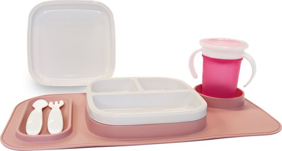 Deryan Quuby Set - Placemat - Plate Set - kinderservies - Drinkbeker - Roze/Wit