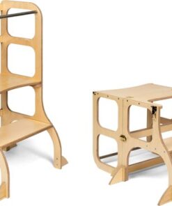 Ette Tete Step 'n Sit - Leertoren - Naturel met gouden clips - Inklapbaar tot tafel en stoel - Met extra support - Learning Tower - Montessori inspired - Keukentrap - Keukenhulp - Leerstoel - Veilig -Duurzaam