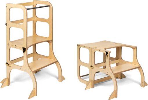 Ette Tete Step 'n Sit - Leertoren - Naturel met gouden clips - Inklapbaar tot tafel en stoel - Met extra support - Learning Tower - Montessori inspired - Keukentrap - Keukenhulp - Leerstoel - Veilig -Duurzaam