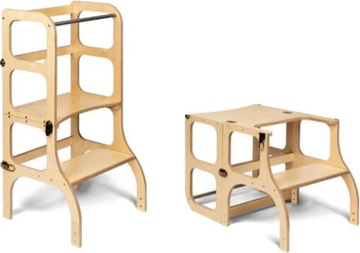 Ette Tete Step 'n Sit - Leertoren - Naturel met messing clips - Inklapbaar tot tafel en stoel - Learning Tower - Montessori inspired - Keukentrap - Keukenhulp - Leerstoel - Veilig -Duurzaam