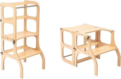 Ette Tete Step 'n Sit - Leertoren - Naturel met zilveren clips - Inklapbaar tot tafel en stoel - Learning Tower - Montessori inspired - Keukentrap - Keukenhulp - Leerstoel - Veilig -Duurzaam