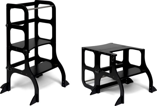 Ette Tete Step 'n Sit - Leertoren - Zwart met zwarte clips - Inklapbaar tot tafel en stoel - Met extra support - Learning Tower - Montessori inspired - Keukentrap - Keukenhulp - Leerstoel - Veilig -Duurzaam