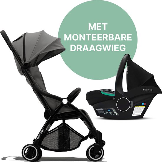 Hamilton by Yoop X1 Plus Buggy met monteerbare Zeno Plus draagwieg – 2 in 1 wandelwagen – Stroller met MagicFold™ Technologie – Geschikt van 0 maanden tot 4 jaar – Lichte, Verstelbare en Wendbare Kinderwagen – Inclusief adapters - Grijs