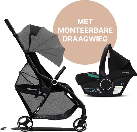 Hamilton by Yoop XL Buggy met monteerbare Zeno Plus draagwieg – 2 in 1 wandelwagen – Stroller met MagicFold™ Technologie – Geschikt van 0 maanden tot 4 jaar – Kinderwagen Inclusief adapters & bekerhouder – Gemêleerd lichtgrijs/Zwart