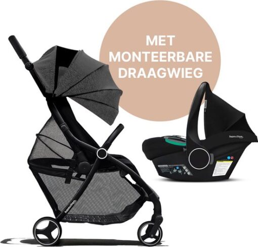 Hamilton by Yoop XL Buggy met monteerbare Zeno Plus draagwieg – 2 in 1 wandelwagen – Stroller met MagicFold™ Technologie – Geschikt van 0 maanden tot 4 jaar – Kinderwagen Inclusief adapters & bekerhouder – Gemêleerd donkergrijs/Zwart