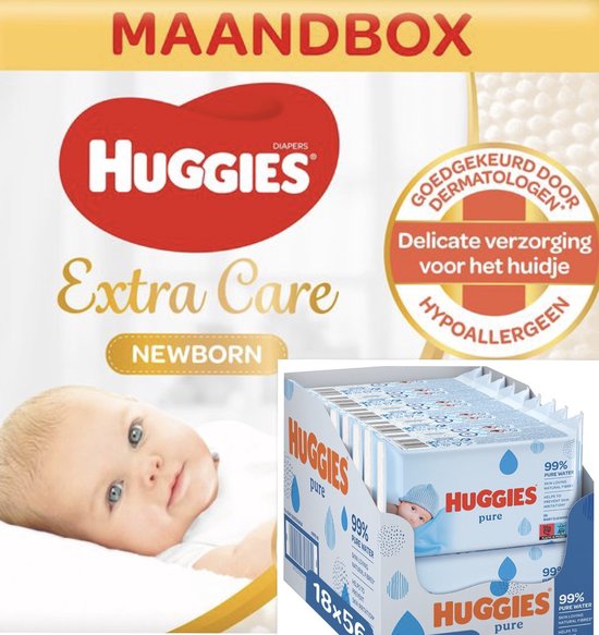 Huggies luiers - groot Startpakket 1+2+3 – 168 luiers Maat 1 - 210 luiers Maat 2 - 168 luiers maat 3 -(+Huggies billendoekjes - Pure 99% water - 18 x 56 stuks)