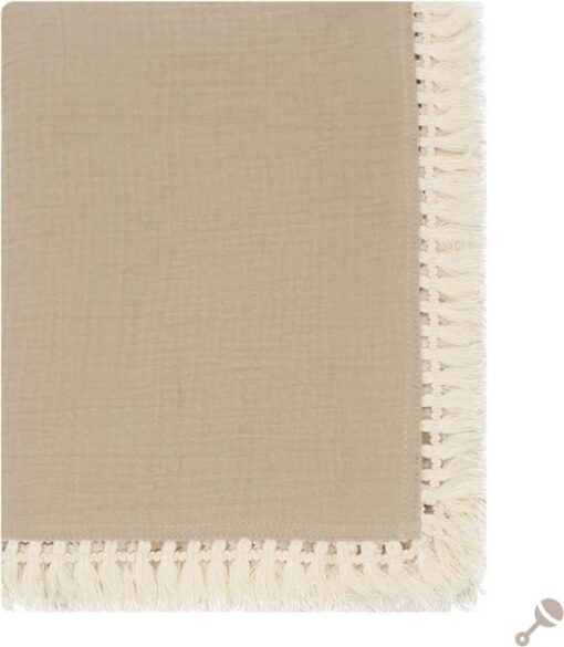 Hydrofiele Doeken - Hydrofiele Doek 2 Laags - Zand - Fringe - 120x120cm - Katoen en Bamboe - Hydrofiele Doek Fringe - Swaddle - Hydrofiele Doeken Fringe - Hydrofiele Doek met Franjes - Emmailloter - Kraamcadeau