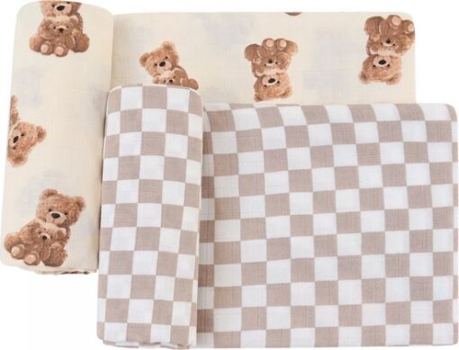 Hydrofiele Doeken - Set van 2 - XL 120x120cm - Hydrofiel Set van 2 - Voordeel Set - Hydrofiele Doek - Teddybeer - Geblokt - Swaddle - Hydrofiele Luier -XL - Bamboe - Hydrofiele Doek - Emmailloter - Kraamcadeau