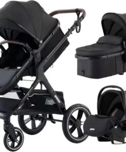 Kinderwagen - Zwart - 3 in 1 - Reiswieg Zitje en Autostoel - incl. Bekerhouder, Voetenzak, Polsband en Klamboe